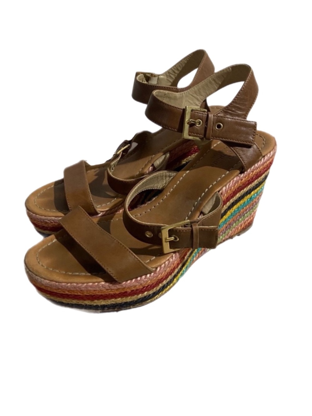 KATE SPADE Darla Wedges Sandals Espadrilles 7 Brown Leather Rainbow Multi-Color